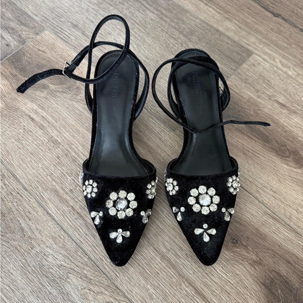 Black Embellished Pointed Toe Ankle Tie Women's Heels
